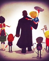 <p class="MsoNormal">Ник Фьюри с&nbsp;малышами-Мстителями: Железным человеком, Халком, Черной вдовой, Капитан Америка, Соколиный глаз, Тор</p>