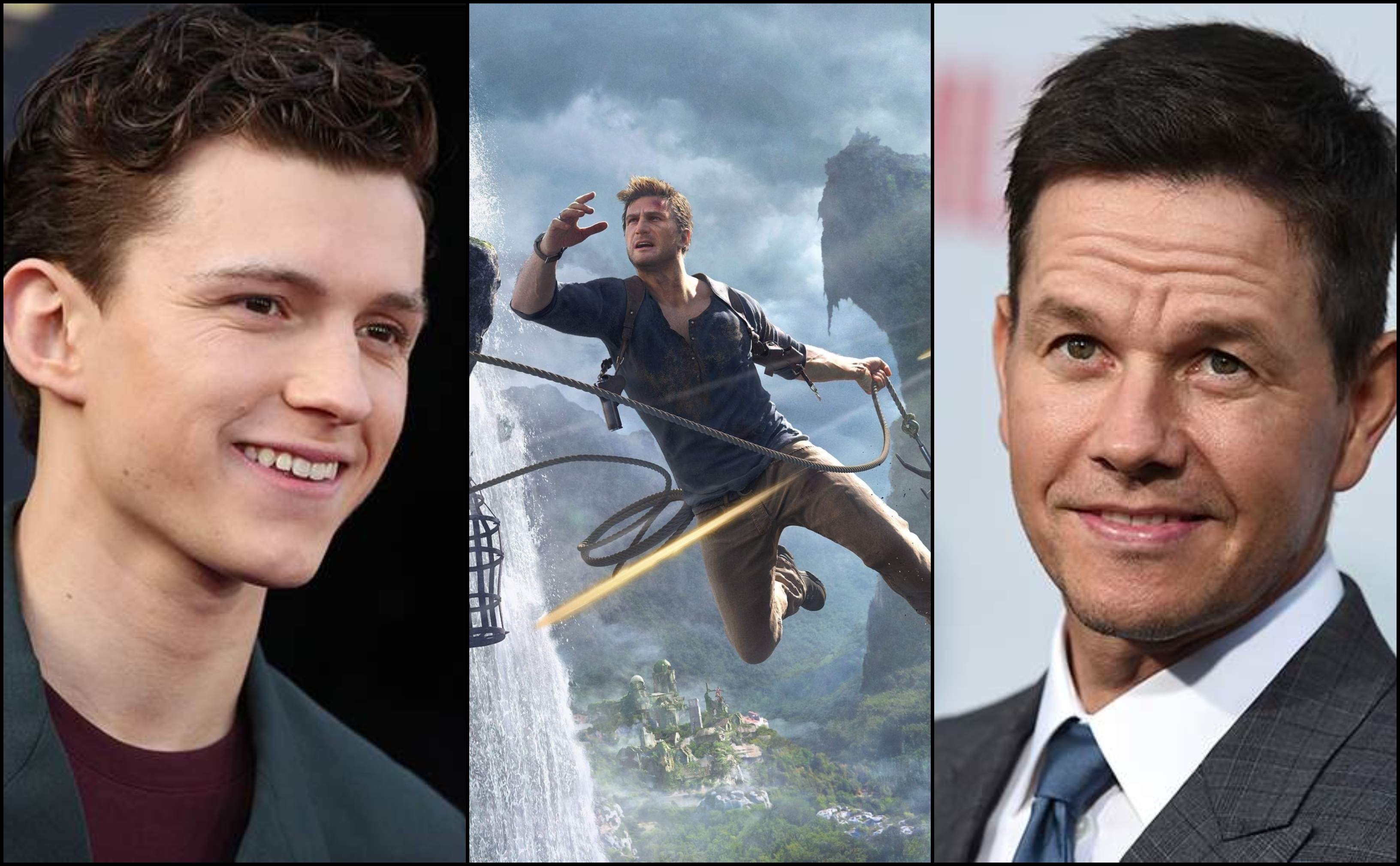 Том Холланд, кадр из видеоигры Uncharted и Марк Уолберг 